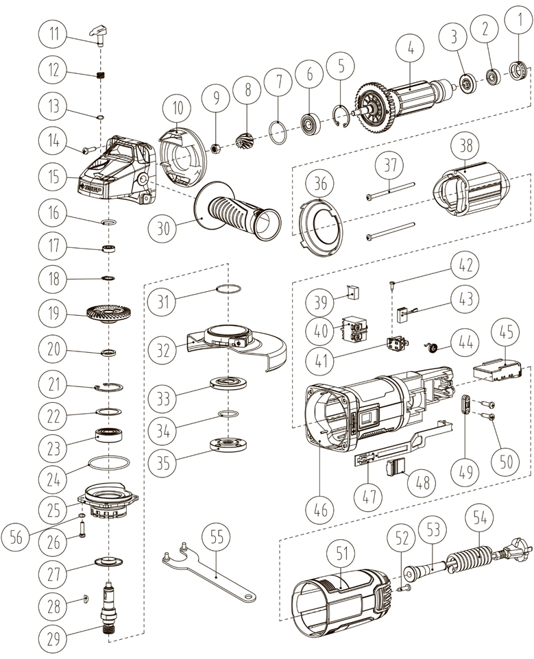 ЗУБР 1500 Вт, d125 мм, УШМ, Профессионал (УШМ-П125-1500 ПСТ) - разборная схема